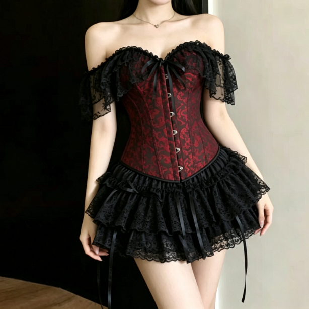 Layered Necklace Set - Set Corsetto Gotico Scuro Y2k con